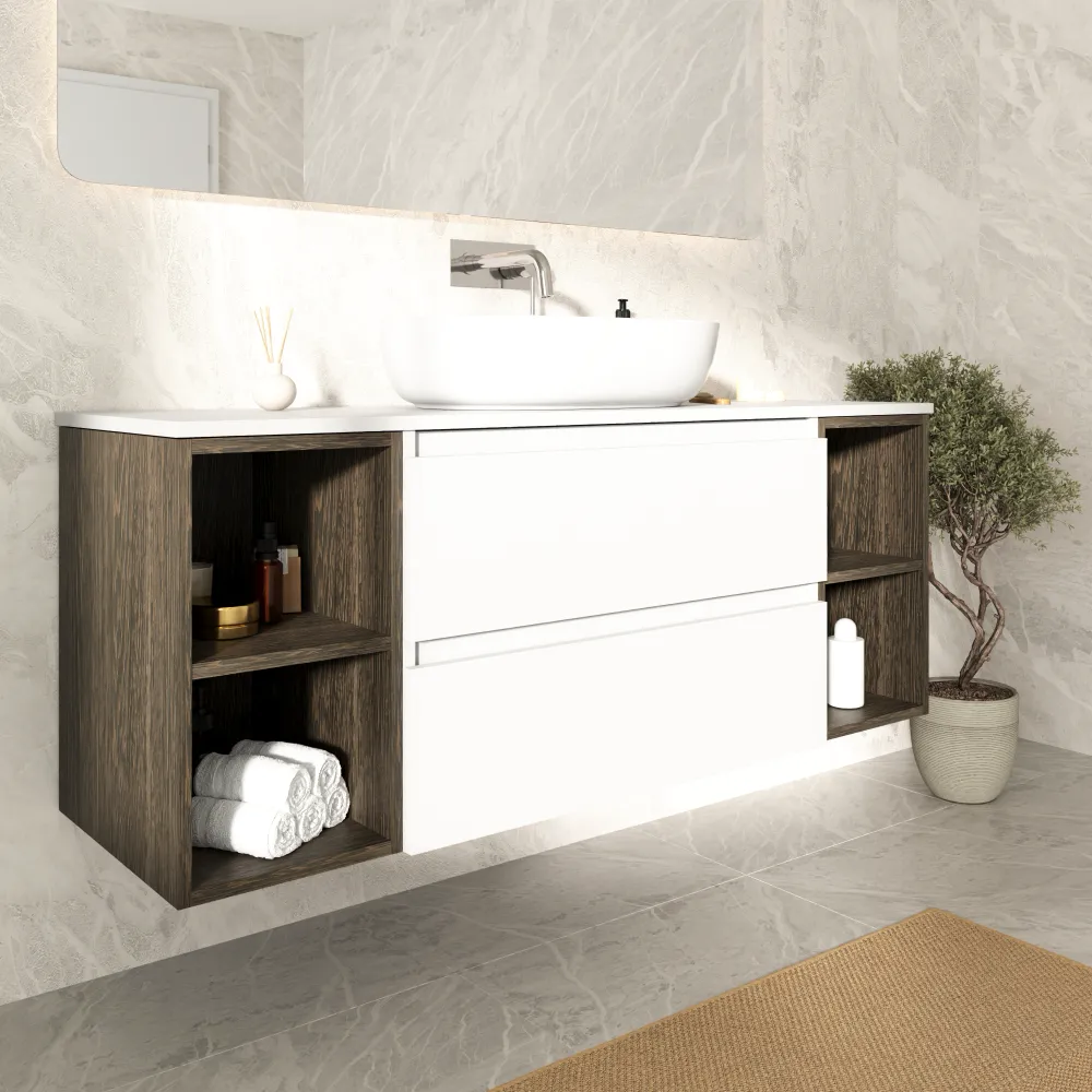 Mobile bagno sospeso 140cm due cassetti con top bianco opaco e due vani a giorno rovere scuro vintage wenge | Hexa Mobile bagno sospeso 140cm due cassetti con top bianco opaco e due vani a giorno rovere scuro vintage wenge | Hexa