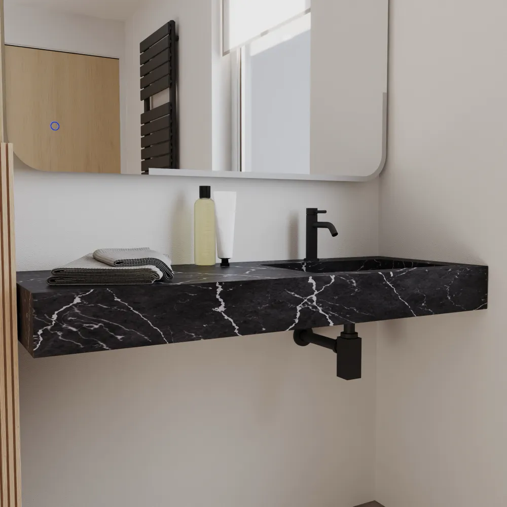 Lavabo sospeso con vasca a destra in hpl 120cm effetto marmo scuro | Ledro Lavabo sospeso con vasca a destra in hpl 120cm effetto marmo scuro | Ledro