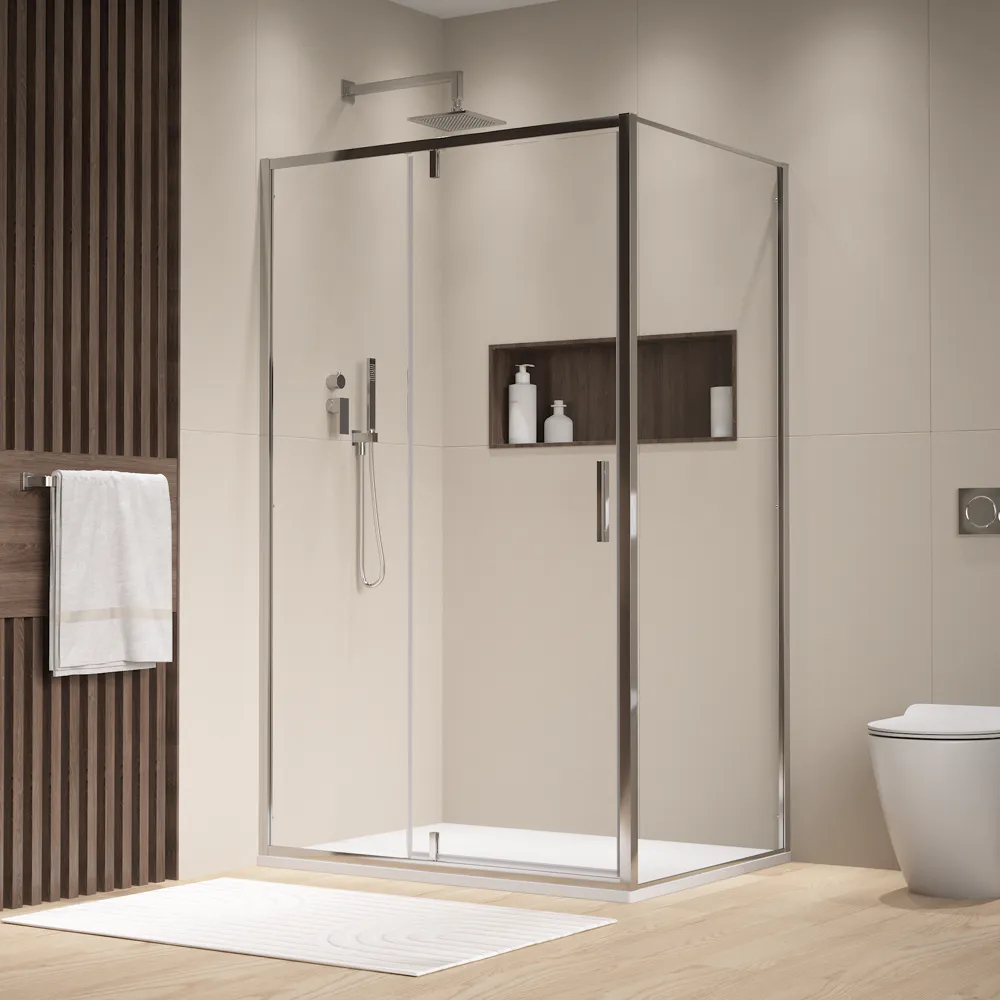 Box doccia cromato 140x80 cm con anta a battente con cerniere da 140cm e parete fissa da 80cm vetro 6mm trasparente anticalcare h190 | Lerici