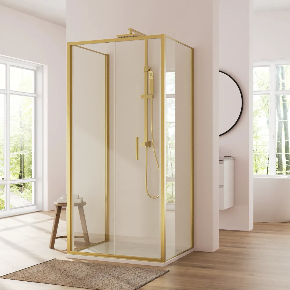 Box doccia 3 lati 70x75x70cm con porta a libro profili oro spazzolato vetro 6mm trasparente anticalcare h190| Portofino Box doccia 3 lati 70x75x70cm con porta a libro profili oro spazzolato vetro 6mm trasparente anticalcare h190| Portofino