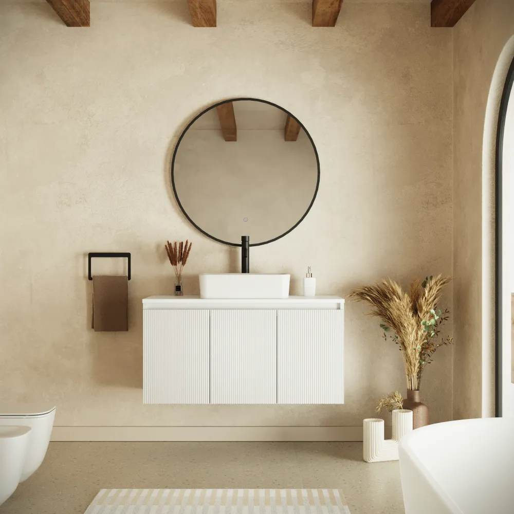 Mobile bagno sospeso 100cm bianco opaco cannettato 3 ante con top | Pelion Mobile bagno sospeso 100cm bianco opaco cannettato 3 ante con top | Pelion