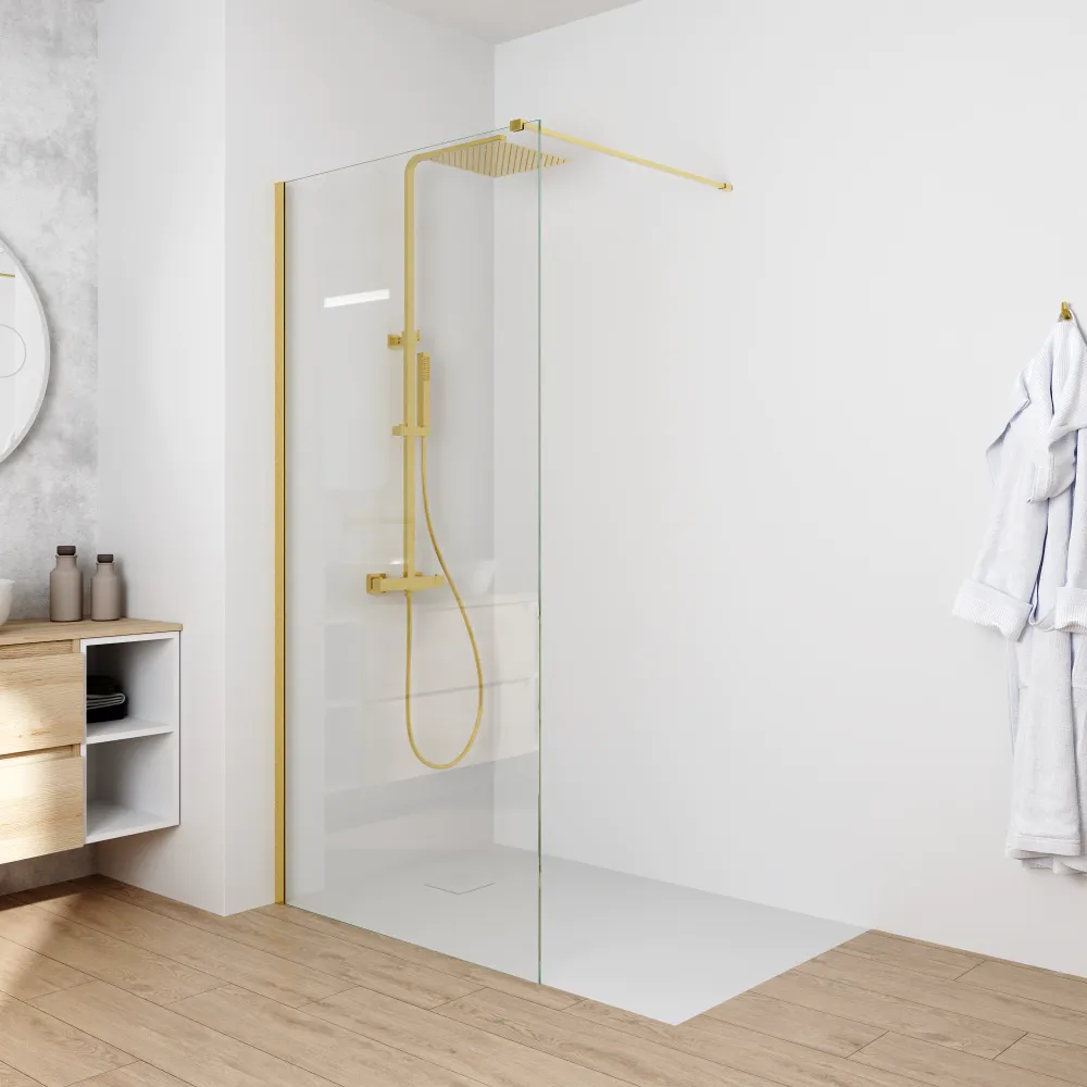 Doccia walk-in 150 cm vetro 8mm anticalcare h200 profilo oro spazzolato | Keros