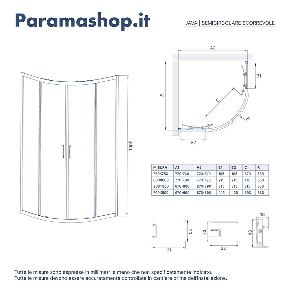 Box doccia 90x90cm semicircolare apertura scorrevole cristallo 6mm trasparente | Java Box doccia 90x90cm semicircolare apertura scorrevole cristallo 6mm trasparente | Java