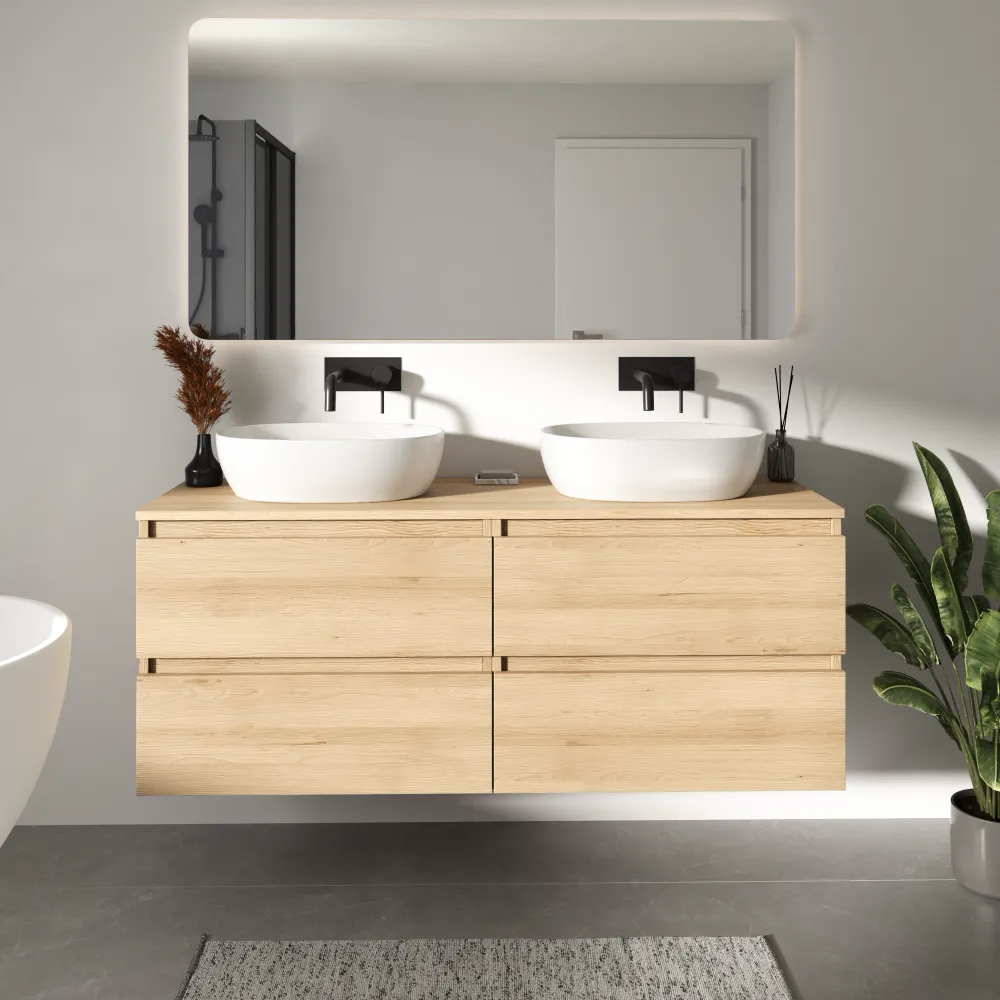 Mobile bagno sospeso 140cm due cassetti rovere chiaro stone oak con top | Hexa