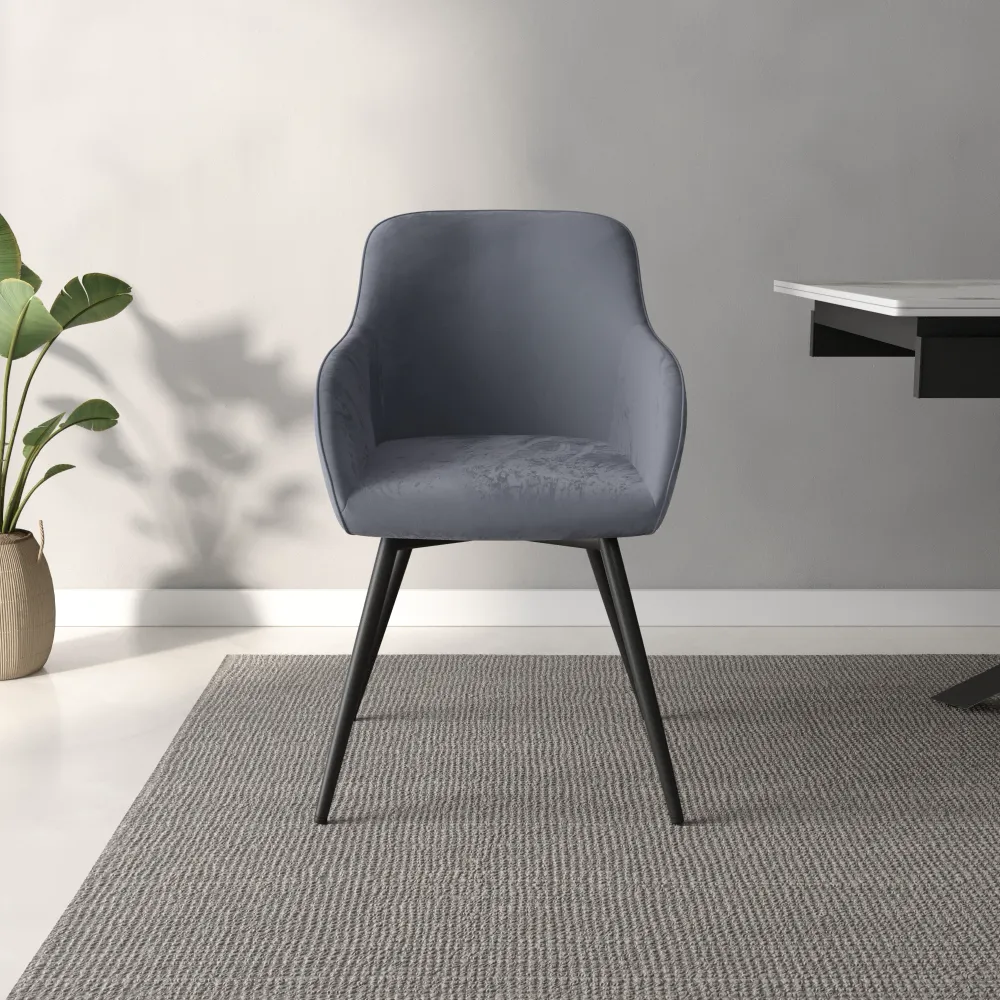 Set 2 sedie in velluto grigio schienale e braccioli avvolgenti con gambe in acciaio nero | Diana