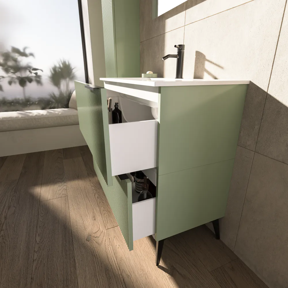 Mobile bagno a terra cannettato 90 cm verde salvia 2 cassetti con lavabo in ceramica, piedini nero opaco e colonna | Fuji