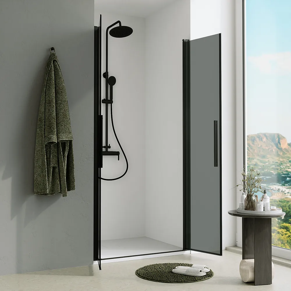 Porta doccia 80cm apertura saloon con profili nero opaco e vetro da 6mm fumè h195 | Elba Porta doccia 80cm apertura saloon con profili nero opaco e vetro da 6mm fumè h195 | Elba