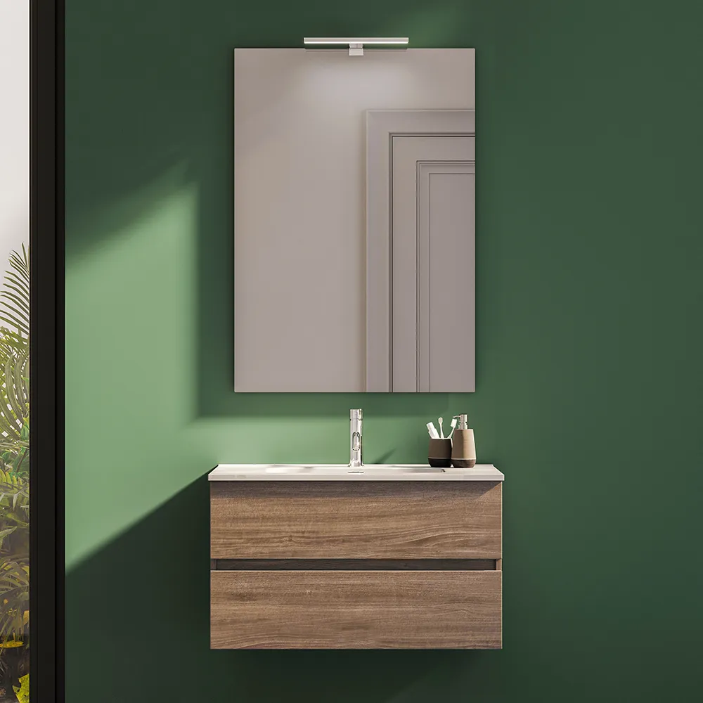 Mobile da bagno sospeso 80 cm rovere scuro con lavabo e specchio | Yili Mobile da bagno sospeso 80 cm rovere scuro con lavabo e specchio | Yili