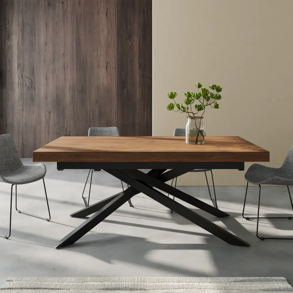 Tavolo allungabile a farfalla 180-240x90cm top in MDF rovere scuro e gambe incrociate in acciaio nero | Jarl