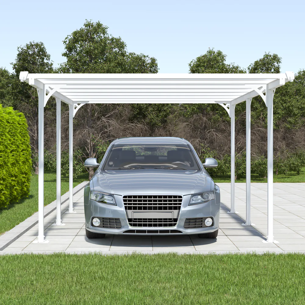 Tettoia per auto 502x313xh205cm in alluminio e policarbonato bianco Tettoia per auto 502x313xh205cm in alluminio e policarbonato bianco