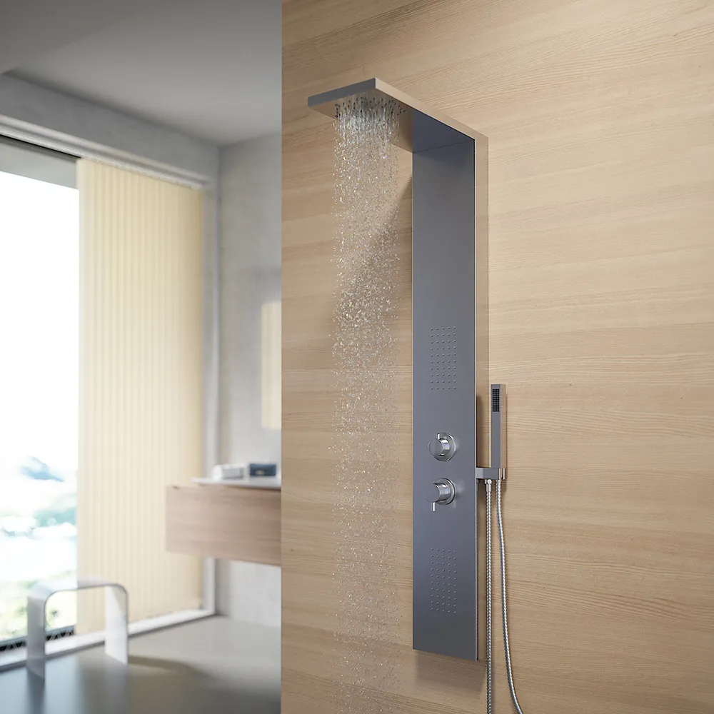 Pannello doccia squadrato in alluminio sand silver con doccino, 3 funzioni | Sirmione Pannello doccia squadrato in alluminio sand silver con doccino, 3 funzioni | Sirmione
