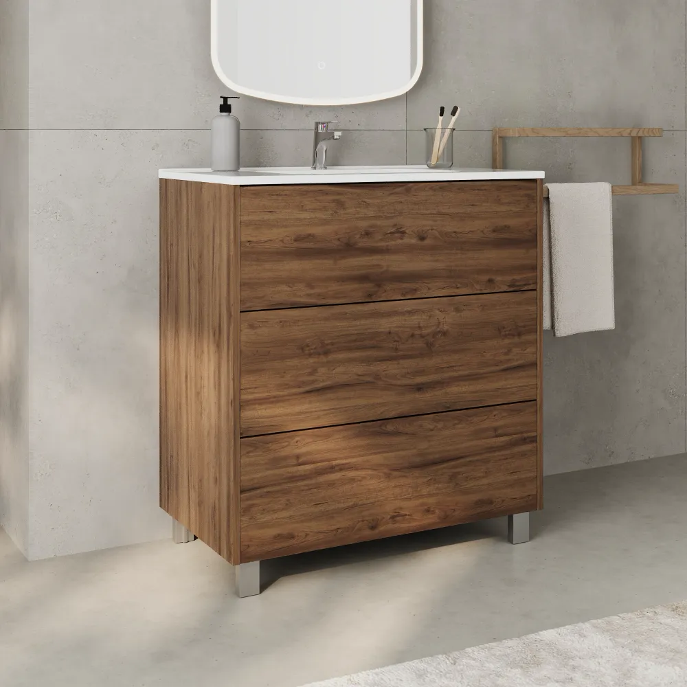 Mobile bagno a terra 80cm tre cassetti push&pull rovere barok con lavabo bianco lucido | Yaku
