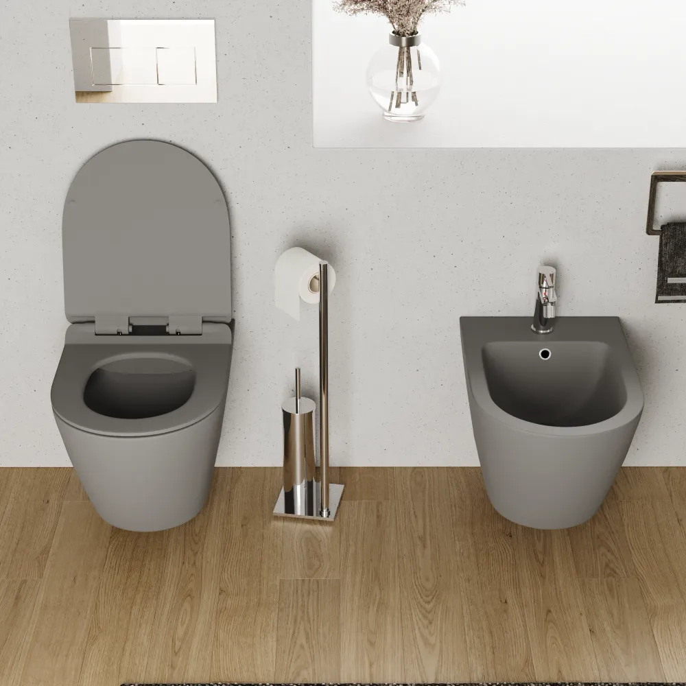 Sanitari sospesi in ceramica grigio opaco vaso rimless sedile soft-close e bidet | Sydney