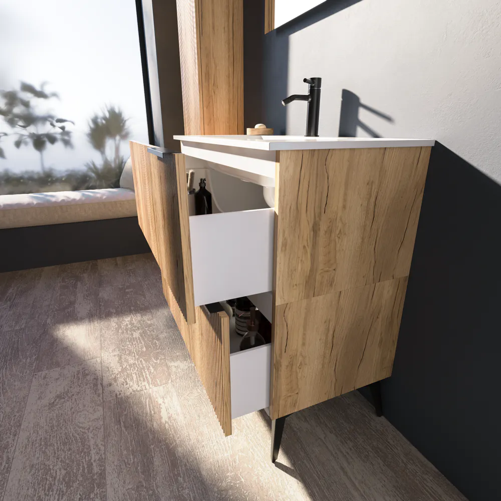 Mobile bagno a terra cannettato 90 cm rovere chiaro 2 cassetti con lavabo in ceramica, piedini nero opaco | Fuji Mobile bagno a terra cannettato 90 cm rovere chiaro 2 cassetti con lavabo in ceramica, piedini nero opaco | Fuji