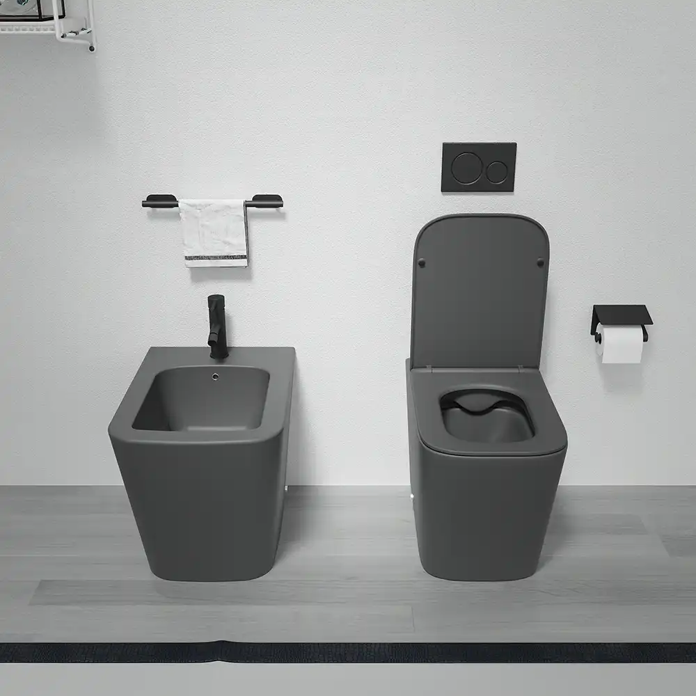 Sanitari filomuro in ceramica rimless grigio opaco vaso bidet e copriwc soft-close | Londra Sanitari filomuro in ceramica rimless grigio opaco vaso bidet e copriwc soft-close | Londra