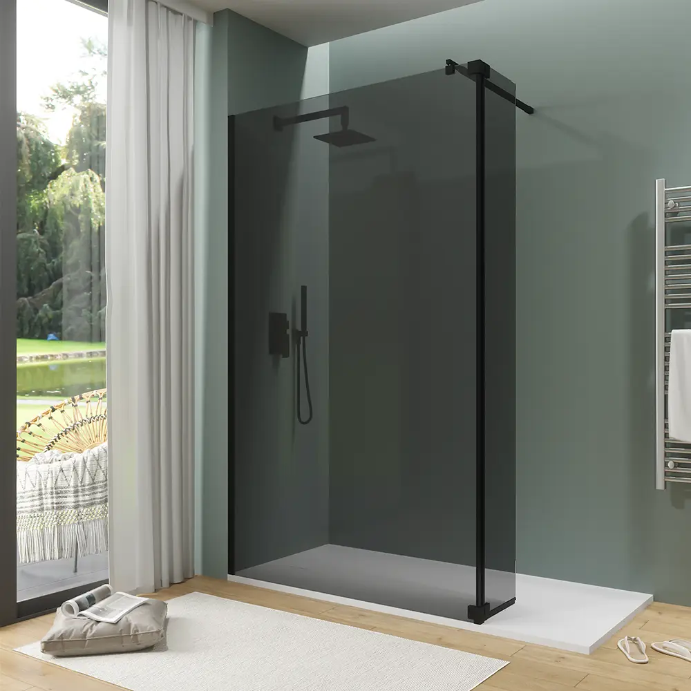 Doccia walk-in 150cm + anta 30cm vetro 8mm fumé profili neri | Keros Doccia walk-in 150cm + anta 30cm vetro 8mm fumé profili neri | Keros