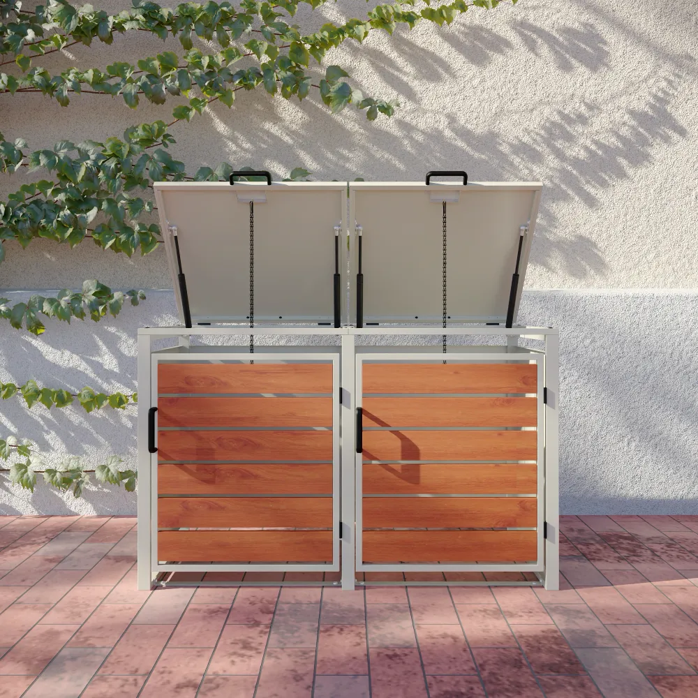 Copri bidoni 2 cassonetti 60L 100x50x64cm in acciaio zincato profili bianchi con pannelli effetto legno | Kubo