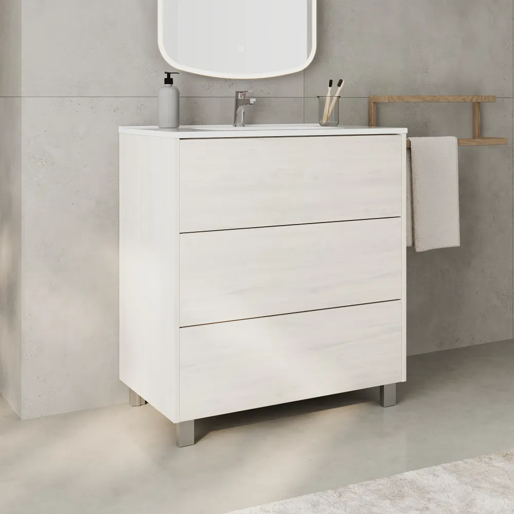 Mobile bagno a terra 80cm tre cassetti push&pull frassino con lavabo bianco lucido | Yaku Mobile bagno a terra 80cm tre cassetti push&pull frassino con lavabo bianco lucido | Yaku