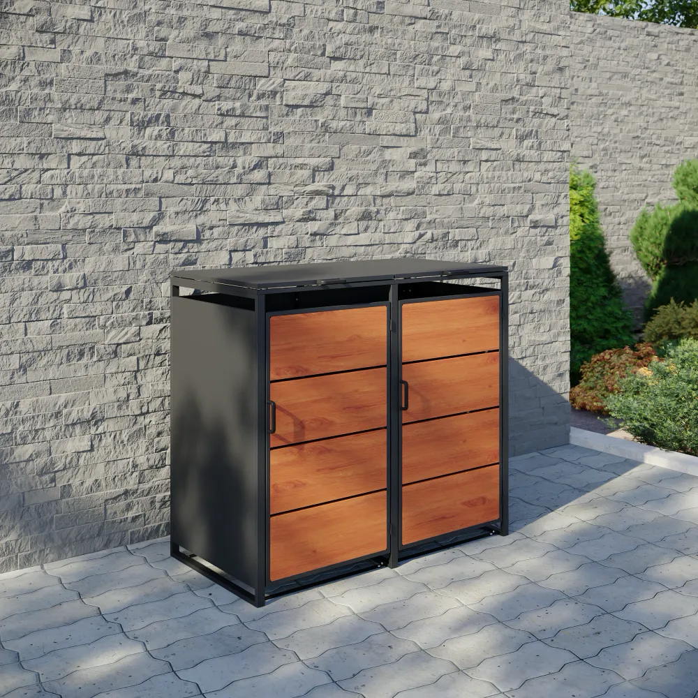 Copri bidoni 2 cassonetti 120L 116x60x105cm in acciaio zincato profili neri con pannelli effetto legno | Kubo Copri bidoni 2 cassonetti 120L 116x60x105cm in acciaio zincato profili neri con pannelli effetto legno | Kubo