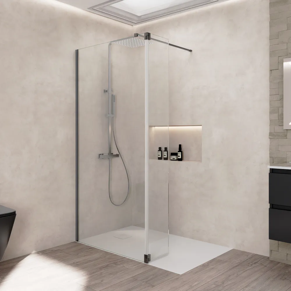 Doccia walk-in 60cm + anta girevole 30cm vetro 8mm trasparente anticalcare profili gun metal h200 | Keros Doccia walk-in 60cm + anta girevole 30cm vetro 8mm trasparente anticalcare profili gun metal h200 | Keros