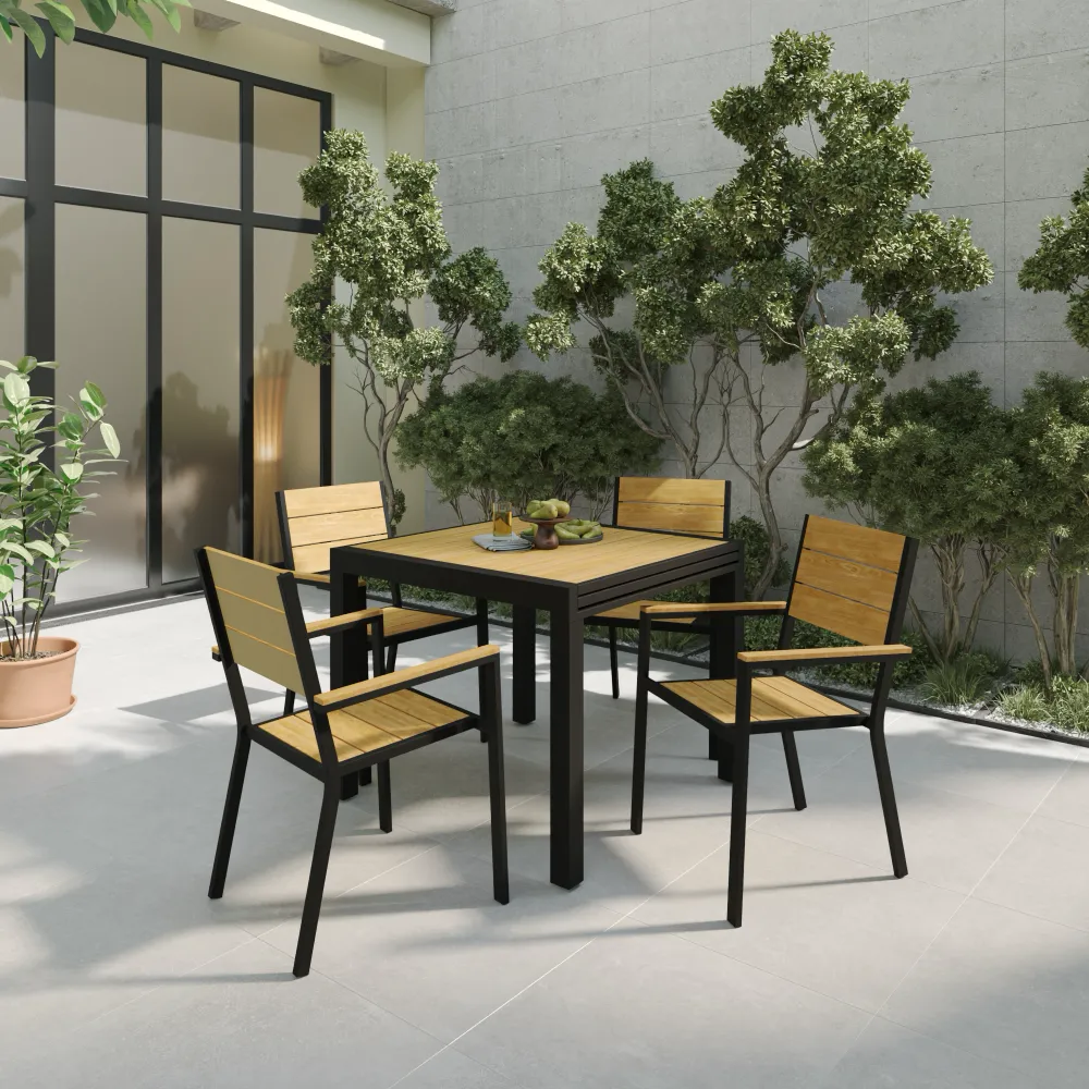 Set da esterno nero con tavolo allungabile 90/180x74cm e 4 sedie in alluminio e polywood| Camir Set da esterno nero con tavolo allungabile 90/180x74cm e 4 sedie in alluminio e polywood| Camir