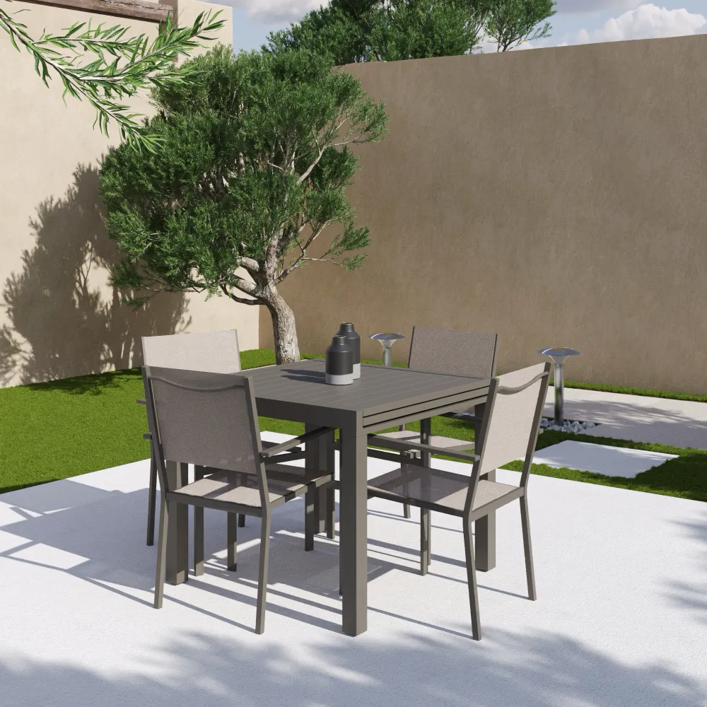 Set da esterno tortora con tavolo allungabile 90/180x74cm e 4 sedie in alluminio con textilene e braccioli squadrati | Marel Set da esterno tortora con tavolo allungabile 90/180x74cm e 4 sedie in alluminio con textilene e braccioli squadrati | Marel