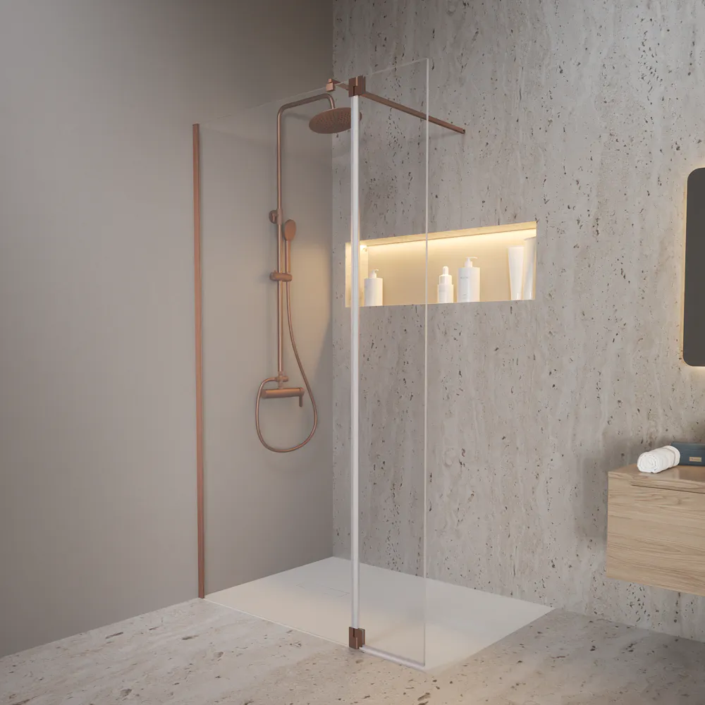 Doccia walk-in 100cm + anta girevole 40cm vetro 8mm trasparente anticalcare profili rame spazzolato h200 | Keros Doccia walk-in 100cm + anta girevole 40cm vetro 8mm trasparente anticalcare profili rame spazzolato h200 | Keros