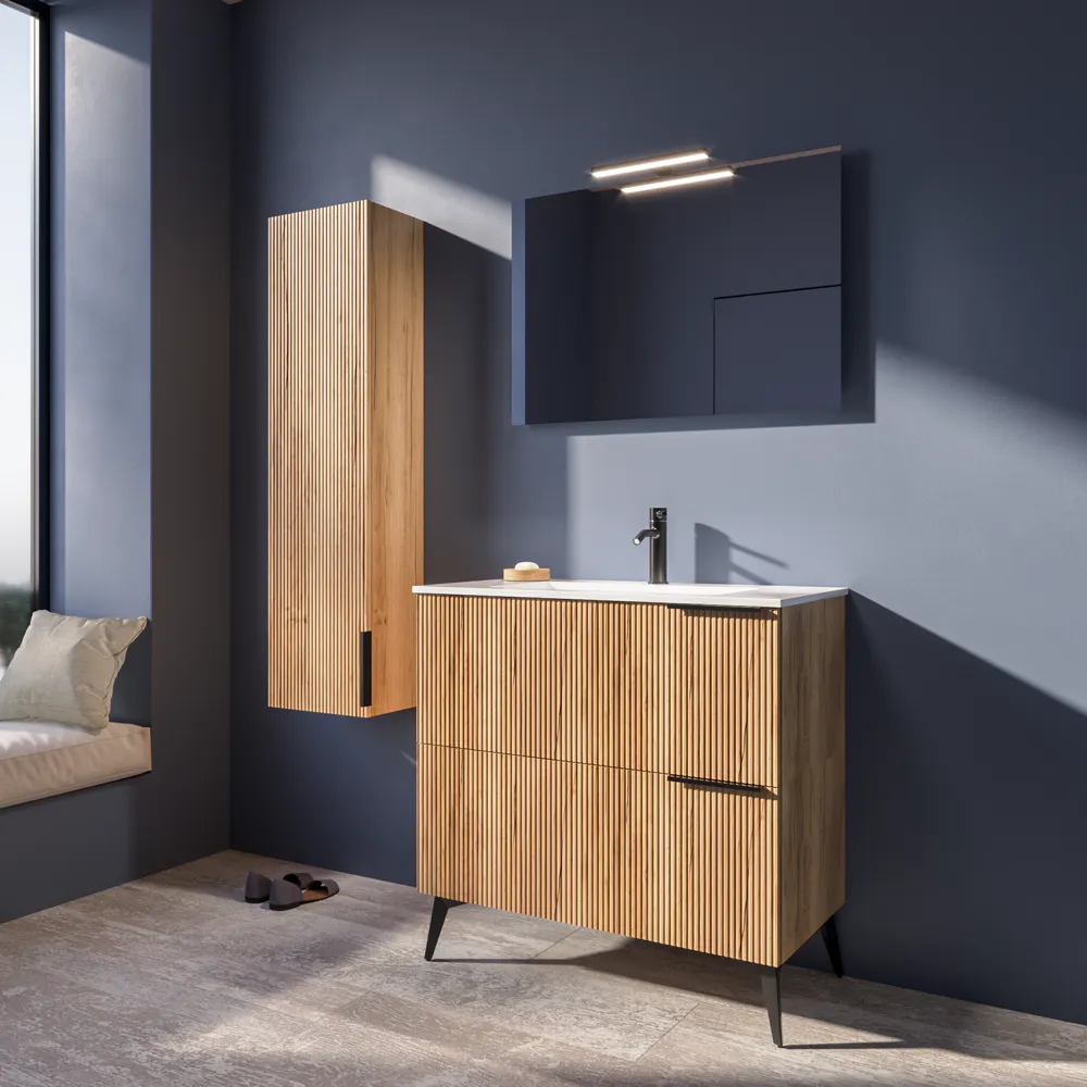 Mobile bagno a terra cannettato 90 cm rovere chiaro 2 cassetti con lavabo in ceramica, piedini nero opaco | Fuji Mobile bagno a terra cannettato 90 cm rovere chiaro 2 cassetti con lavabo in ceramica, piedini nero opaco | Fuji
