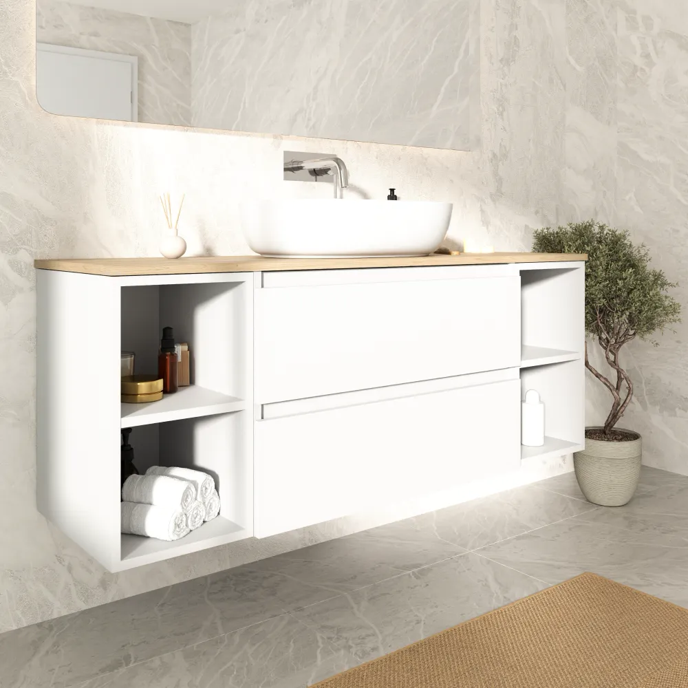 Mobile bagno sospeso 120cm due cassetti e due vani a giorno bianco opaco con top rovere chiaro | Hexa