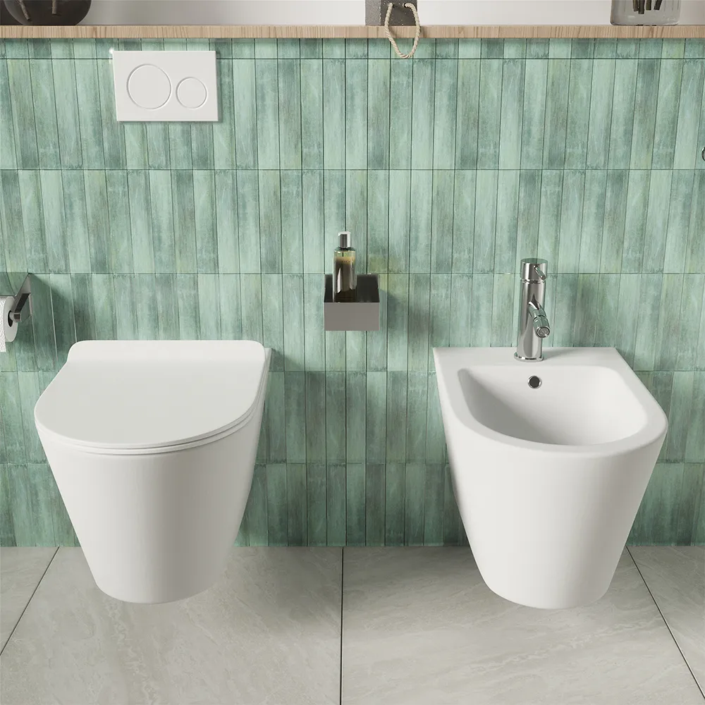 Sanitari sospesi in ceramica bianco lucido vaso tornado silent flush sedile soft-close e bidet | Rio Sanitari sospesi in ceramica bianco lucido vaso tornado silent flush sedile soft-close e bidet | Rio