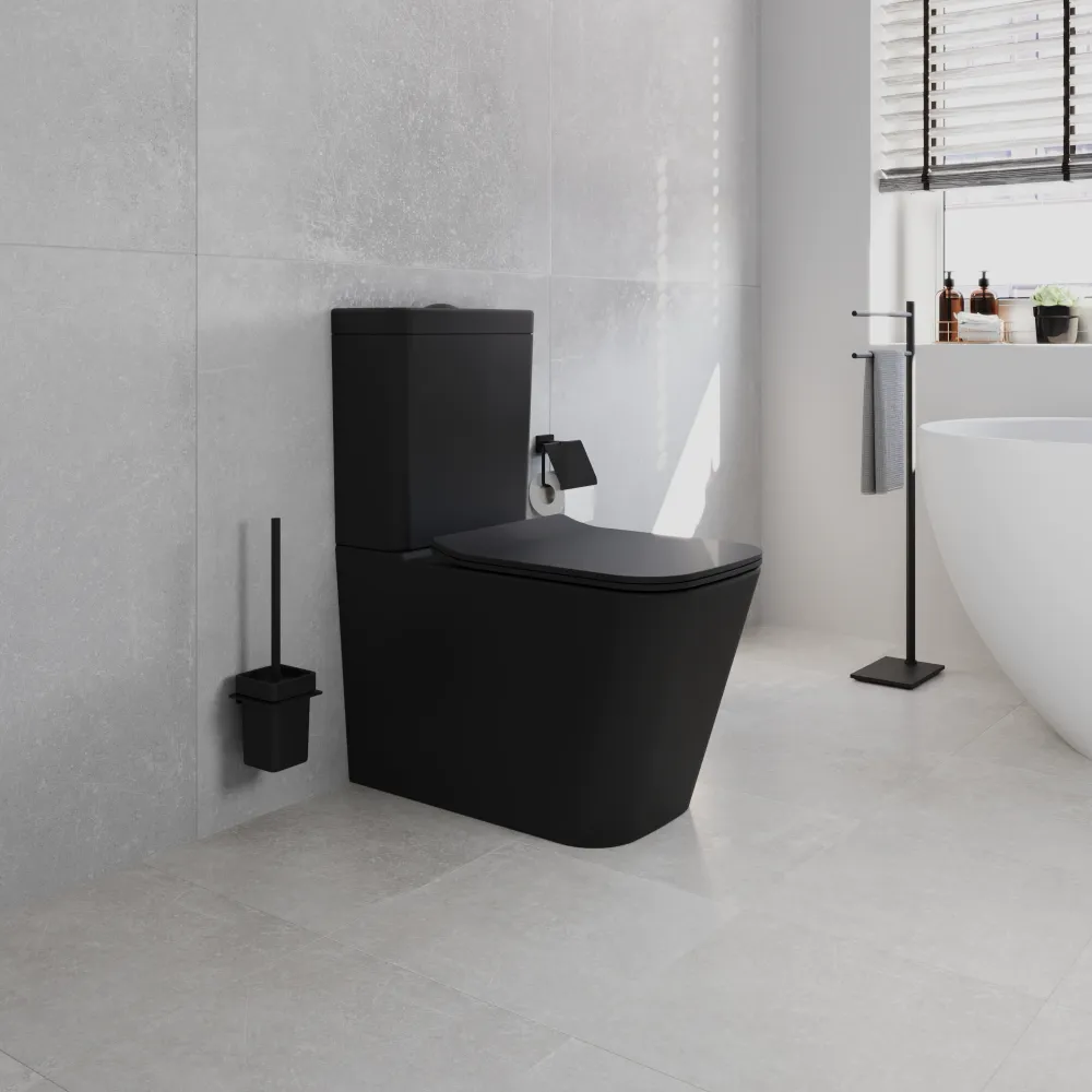 Vaso filomuro monoblocco rimless con cassetta e sedile copri-wc nero opaco | Londra Vaso filomuro monoblocco rimless con cassetta e sedile copri-wc nero opaco | Londra