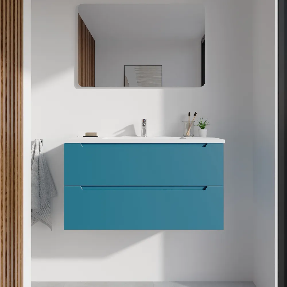 Mobile bagno sospeso 90cm dusk blue due cassetti soft-close con lavabo bianco opaco | Bako
