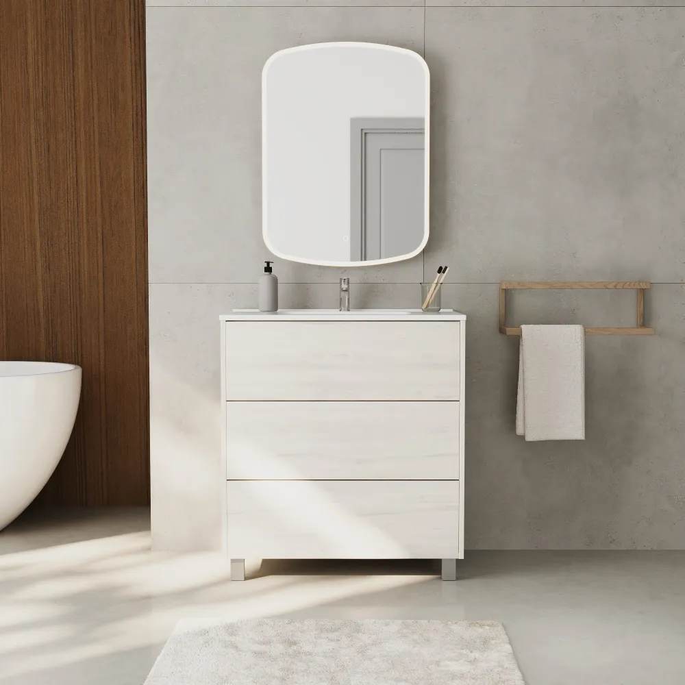 Mobile bagno a terra 80cm tre cassetti push&pull frassino con lavabo bianco lucido | Yaku