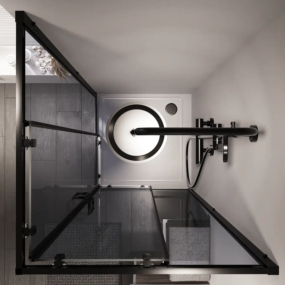 Vista superiore cabina doccia Java angolare doppio scorrevole profili nero opaco vetro temperato fume Vista superiore cabina doccia Java angolare doppio scorrevole profili nero opaco vetro temperato fume