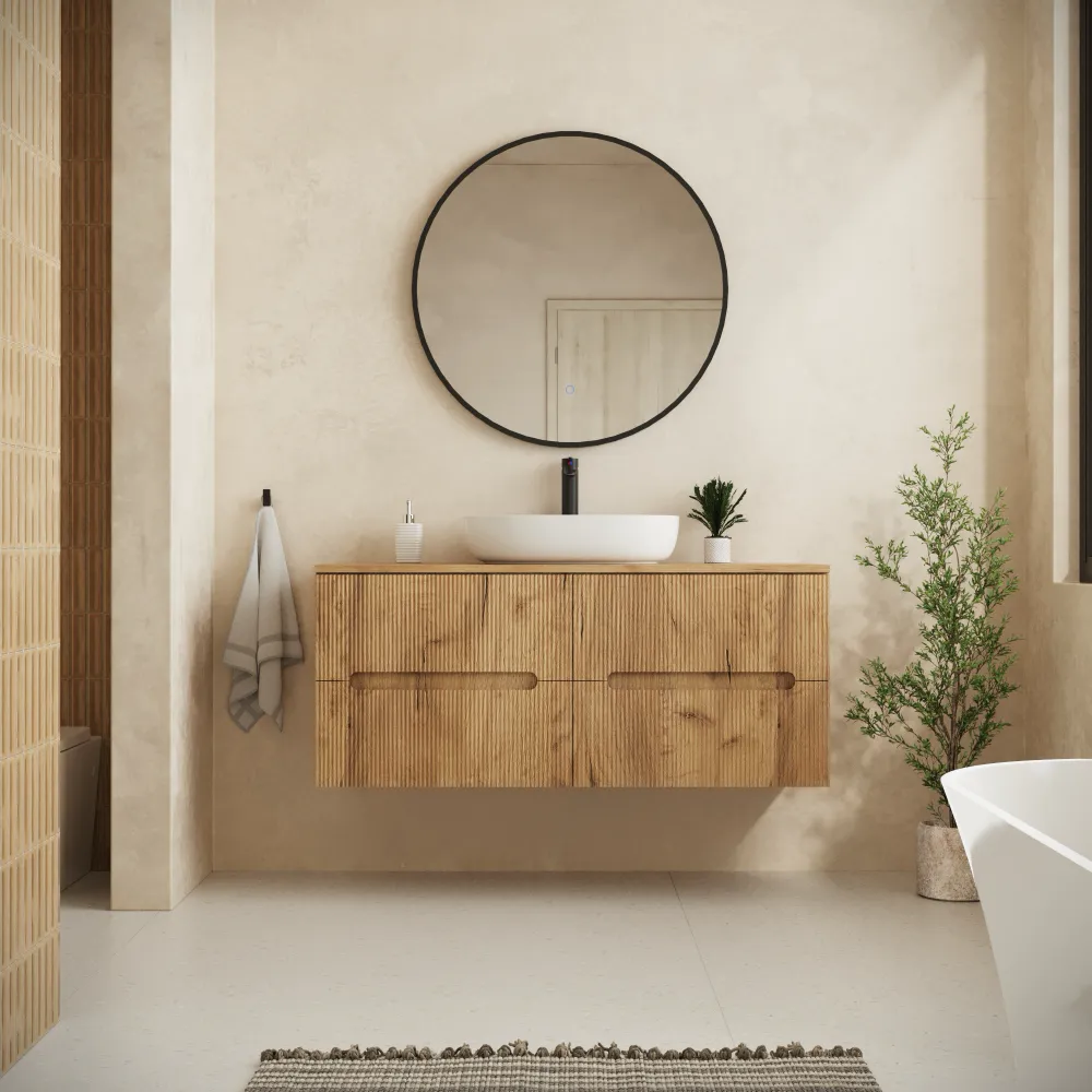 Mobile bagno sospeso 120cm quattro cassetti rovere chiaro cannettato con top | Tigua Mobile bagno sospeso 120cm quattro cassetti rovere chiaro cannettato con top | Tigua