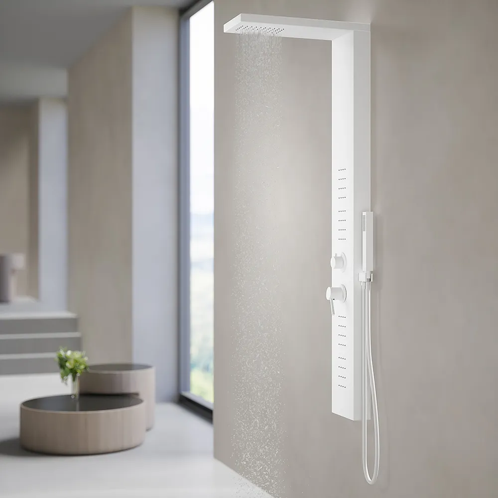 Pannello doccia squadrato in alluminio bianco opaco con doccino, 4 getti e 3 funzioni | Bormio Pannello doccia squadrato in alluminio bianco opaco con doccino, 4 getti e 3 funzioni | Bormio