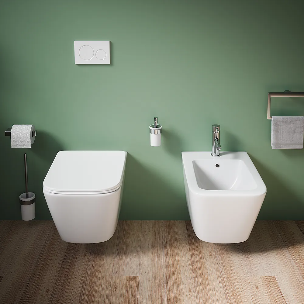 Coppia sanitari in ceramica sospesi vaso rimless, bidet e copri-wc bianco opaco | Kyoto Coppia sanitari in ceramica sospesi vaso rimless, bidet e copri-wc bianco opaco | Kyoto