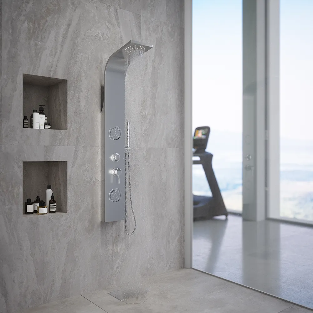 Pannello doccia curvo in acciaio cromato con doccino, 3 funzioni | Spa Pannello doccia curvo in acciaio cromato con doccino, 3 funzioni | Spa