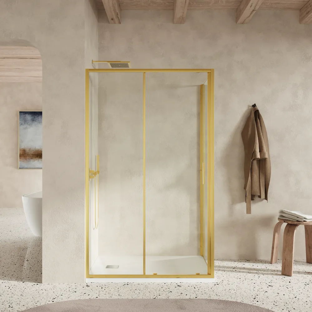 Box doccia slim 100x80cm con porta scorrevole e parete fissa profili oro spazzolato e vetro 6mm trasparente anticalcare h190| Portofino Box doccia slim 100x80cm con porta scorrevole e parete fissa profili oro spazzolato e vetro 6mm trasparente anticalcare h190| Portofino