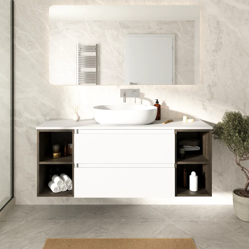 Mobile bagno sospeso 140cm due cassetti con top bianco opaco e due vani a giorno rovere scuro vintage wenge | Hexa Mobile bagno sospeso 140cm due cassetti con top bianco opaco e due vani a giorno rovere scuro vintage wenge | Hexa