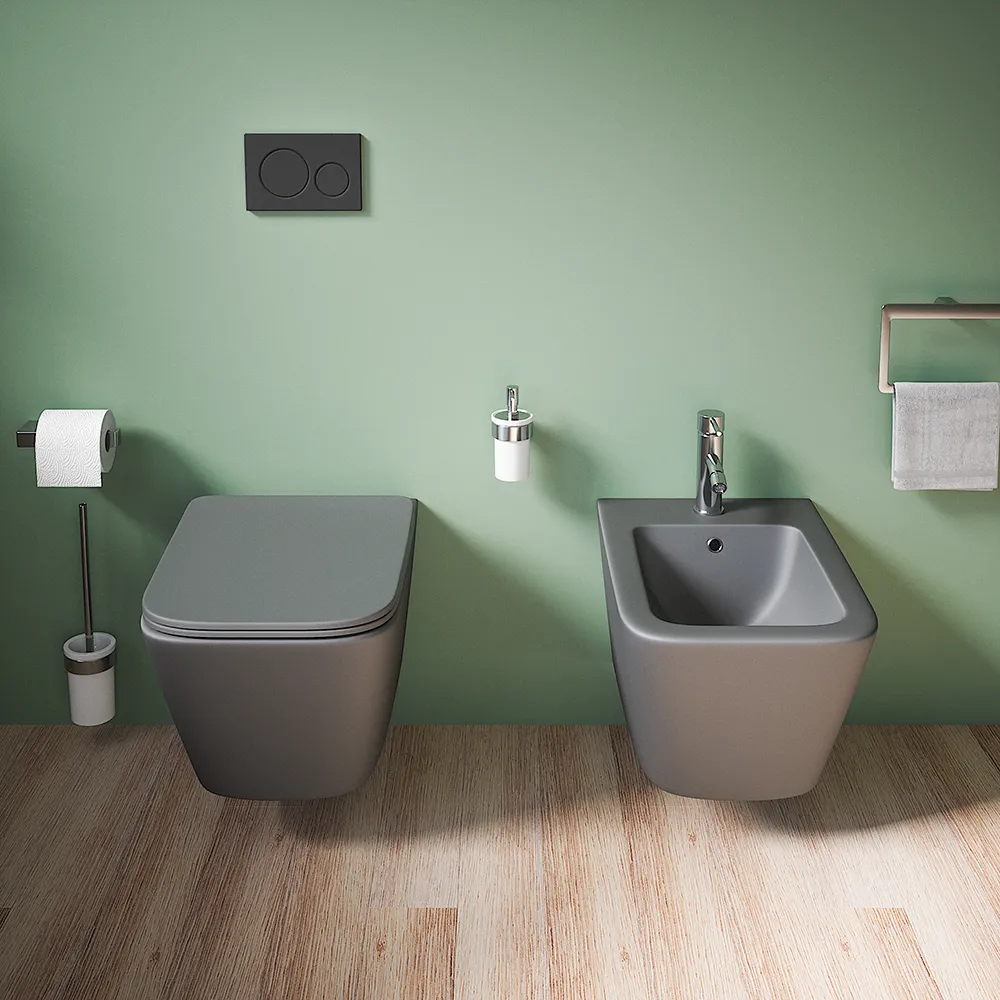 Coppia sanitari in ceramica sospesi vaso rimless, bidet e copri-wc grigio opaco | Kyoto Coppia sanitari in ceramica sospesi vaso rimless, bidet e copri-wc grigio opaco | Kyoto