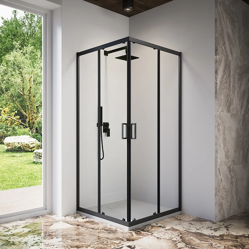 Box doccia 70x70 cm angolare scorrevole profili nero opaco vetro 6mm trasparente h185 | Tonga Box doccia 70x70 cm angolare scorrevole profili nero opaco vetro 6mm trasparente h185 | Tonga