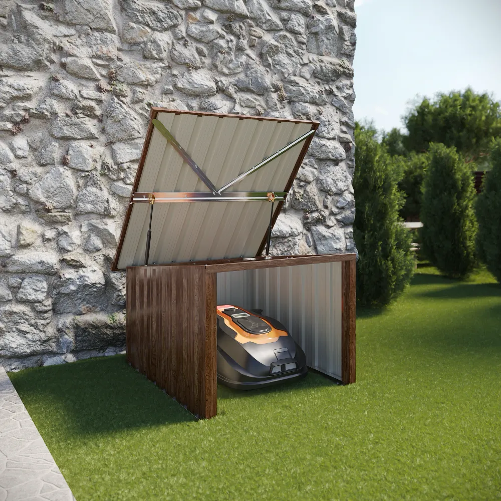 Garage per tosaerba in acciaio zincato effetto legno 90,5x89x62/51cm Garage per tosaerba in acciaio zincato effetto legno 90,5x89x62/51cm