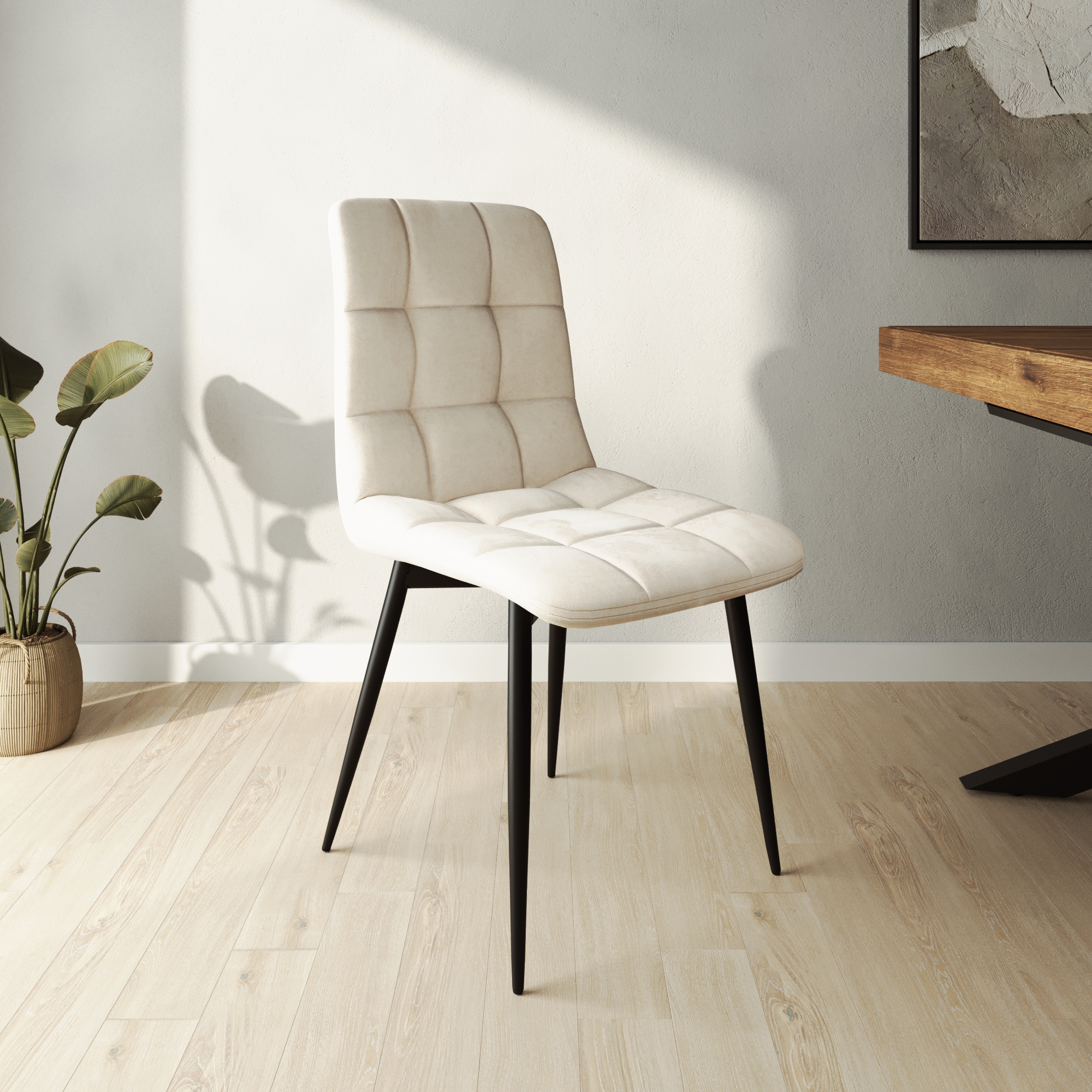 Set 4 sedie seduta in velluto beige trapuntata e gambe in acciaio nero | Asia