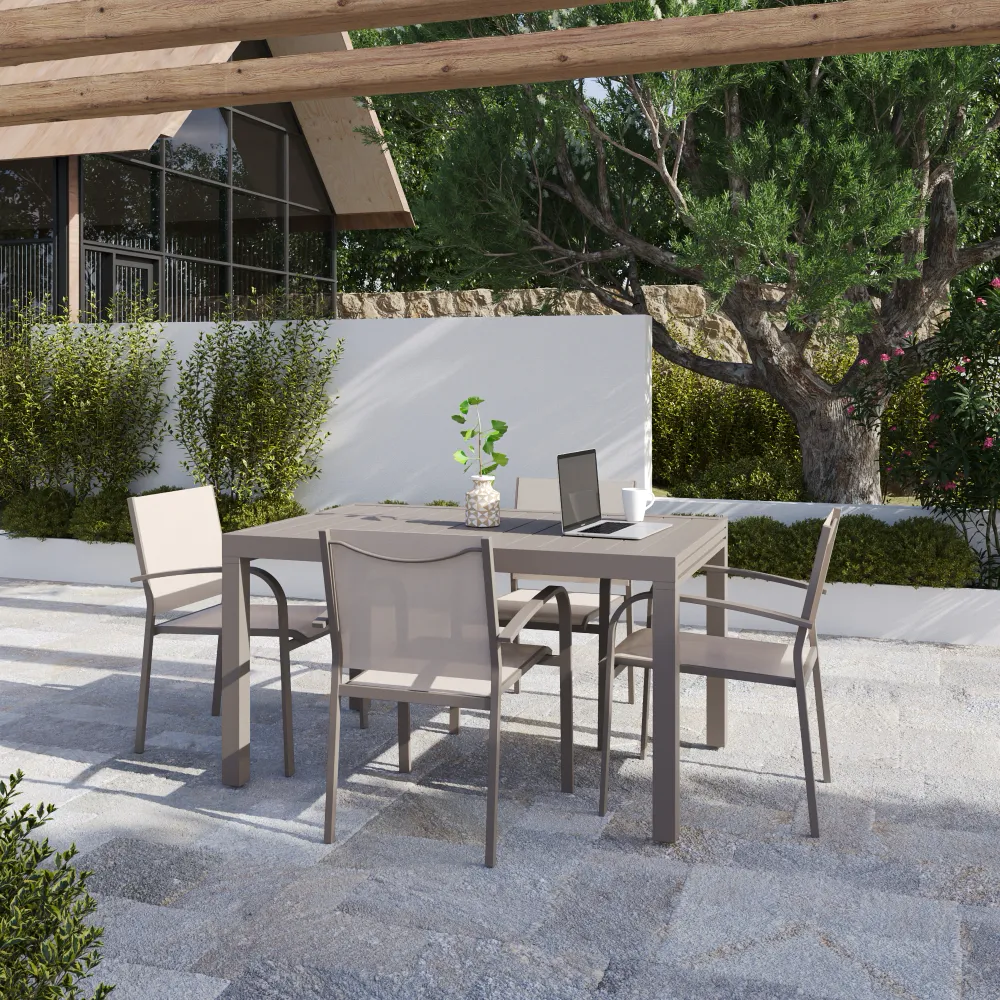 Set da esterno tortora con tavolo allungabile 135/270x74cm e 4 sedie in alluminio e textilene con braccioli tondi | Marel