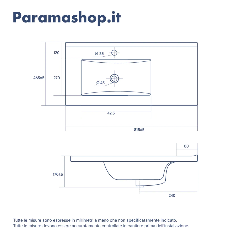Lavabo da incasso 80cm vasca lato sinistro in ceramica bianco opaco | Orta