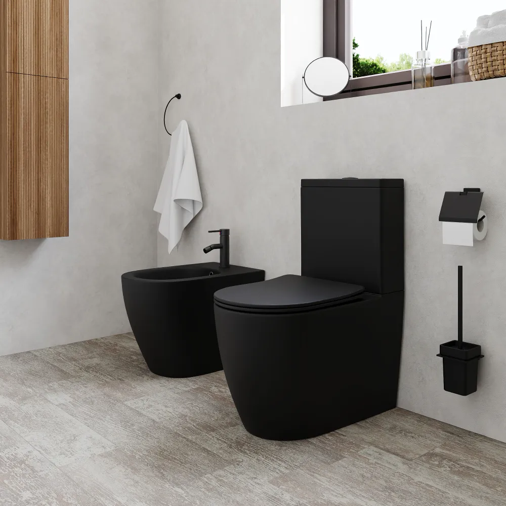 Coppia di sanitari filomuro vaso monoblocco rimless e bidet nero opaco | Europa Coppia di sanitari filomuro vaso monoblocco rimless e bidet nero opaco | Europa