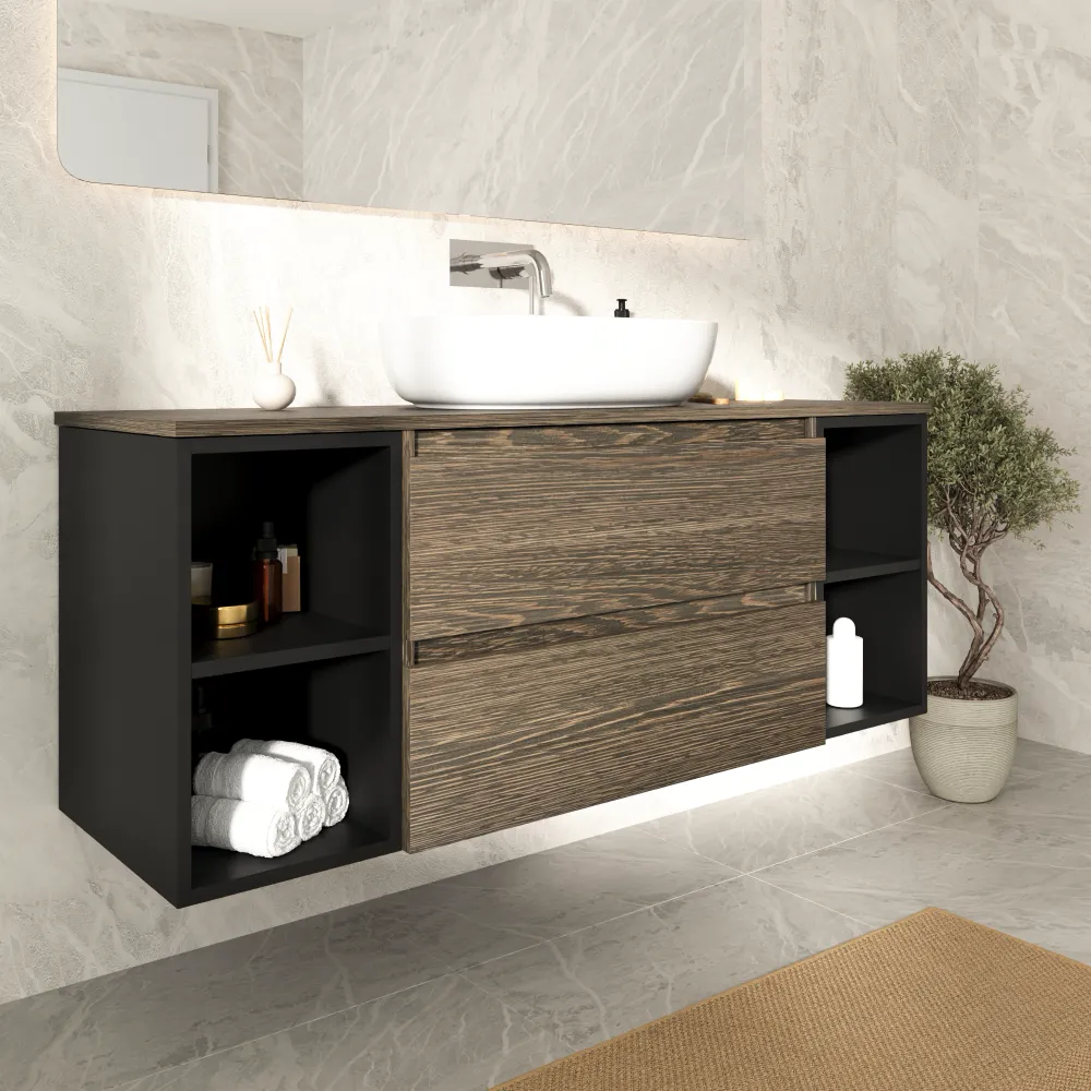 Mobile bagno sospeso 120cm due cassetti con top rovere scuro vintage wenge e due vani a giorno nero opaco | Hexa