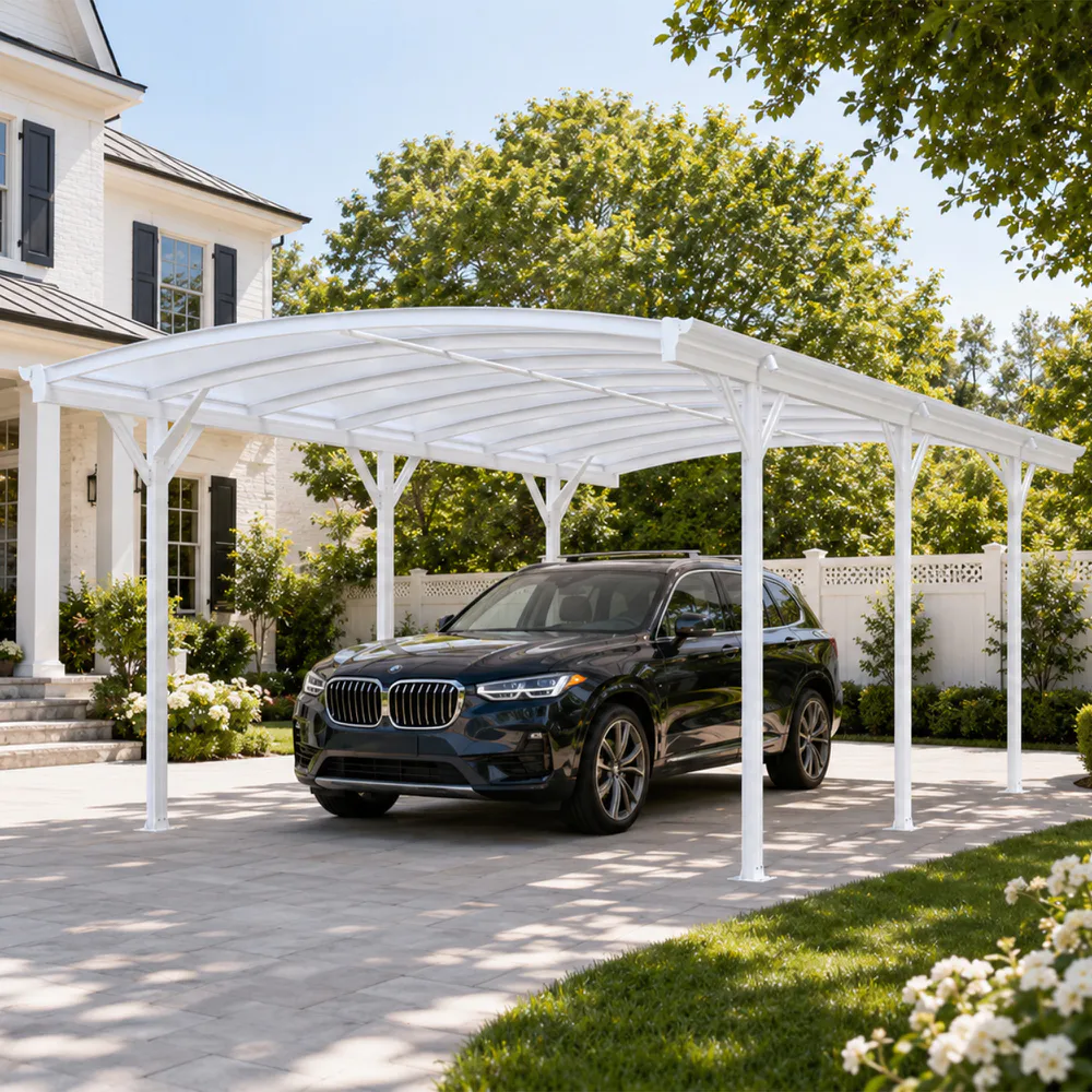 Tettoia per auto ad arco 505x300xh219cm in alluminio e policarbonato bianco - 15mq