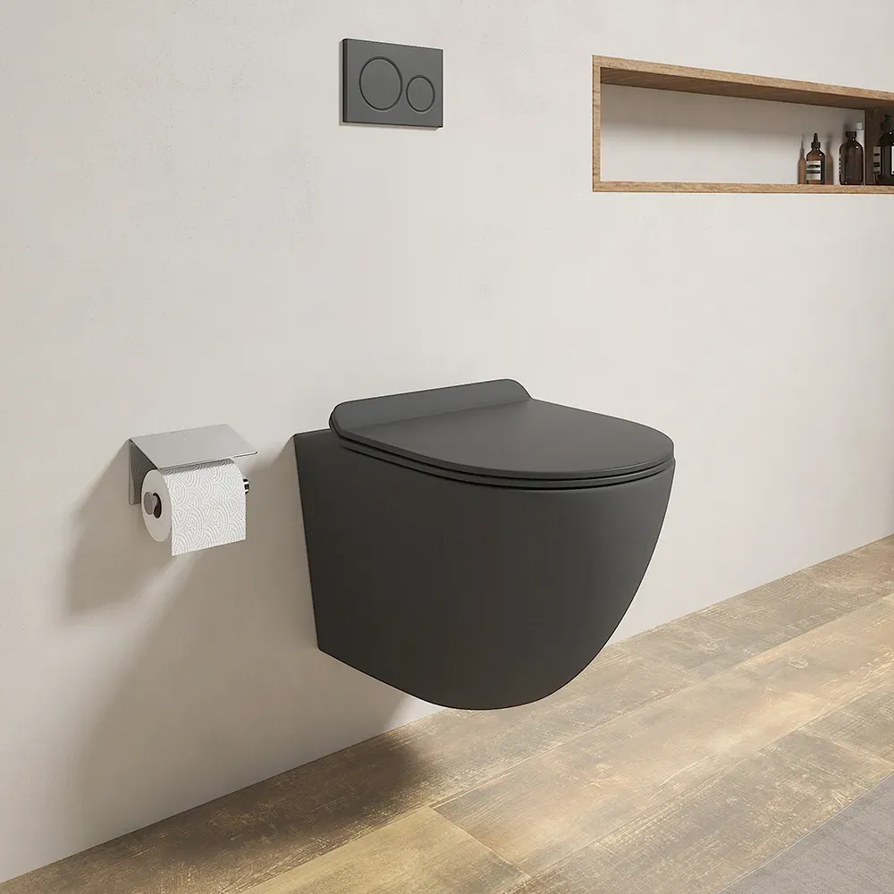 Vaso WC sospeso in ceramica grigio opaco rimless salvaspazio con sedile soft-close | Parigi Vaso WC sospeso in ceramica grigio opaco rimless salvaspazio con sedile soft-close | Parigi